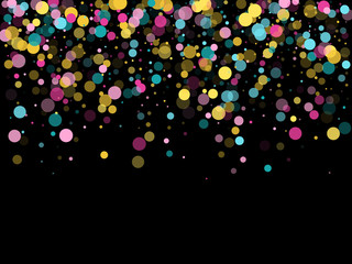 Memphis round confetti festive background in cyan blue, pink and yellow. Childish pattern vector.
