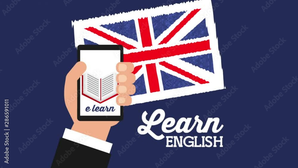 Poster hand using smartphone with learn english animation