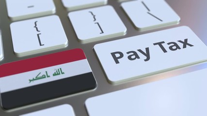 PAY TAX text and flag of Iraq on the buttons on the computer keyboard. Taxation related conceptual 3D animation