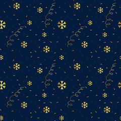 Vector seamless pattern. New Year and Christmas theme. Gold shards and snowflakes on a dark background. Elegant beautiful festive background for greeting card, invitation, clothing, gift paper.