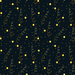Vector seamless pattern. New Year and Christmas theme. Gold shards and snowflakes on a dark background. Elegant beautiful festive background for greeting card, invitation, clothing, gift paper.