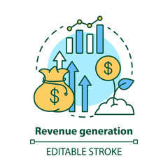 Revenue generation concept icon. Income increase idea thin line illustration. Business development. Sprout with dollar coin. Financing, budgeting. Vector isolated outline drawing. Editable stroke