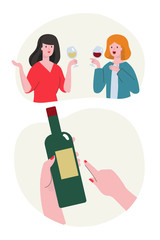 Two ladies wine tasting. Cartoon vector characters of two girlfriends chatting while drinking red and white wine. A hand holding a bottle with lable