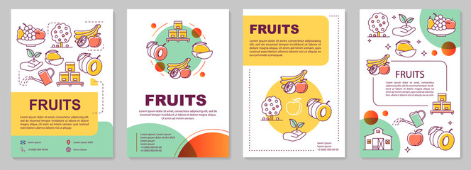Fototapeta na wymiar Fruit production template layout. Farming organic produce. Flyer, booklet, leaflet print design with linear illustrations. Vector page layouts for magazines, annual reports, advertising posters