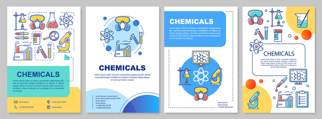 Obraz na płótnie Canvas Chemicals industry template layout. Flyer, booklet, leaflet print design with linear illustrations. Scientific research, lab. Vector page layouts for magazines, annual reports, advertising posters