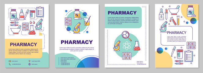Fototapeta na wymiar Pharmaceutical industry template layout. Drugs production. Flyer, booklet, leaflet print design with linear illustrations. Vector page layouts for magazines, annual reports, advertising posters