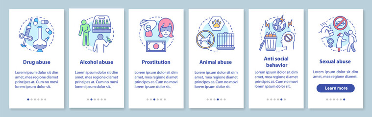 Behavioral problems onboarding mobile app page screen with linear concept. Drug & alcohol abuse, prostitution, sexual harassment walkthrough graphic instructions. UX, UI, GUI vector template with icon