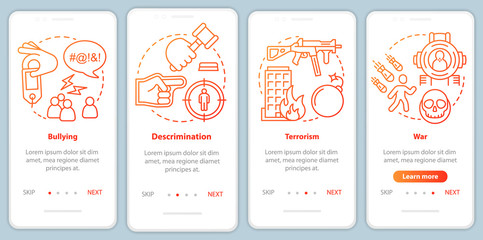 Social violence onboarding mobile app page screen with linear concepts. Bullying, discrimination, terrorism, war walkthrough steps, instructions. Social issues. UX, UI, GUI vector template with icons