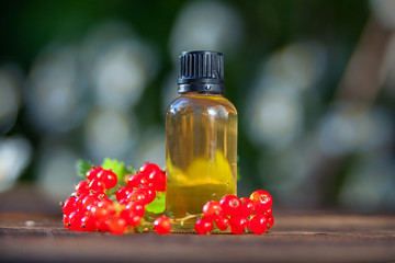 Essence of currant  on  table in beautiful glass Bottle