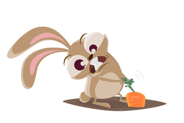 funny cartoon illustration of a crazy rabbit pulling on a carrot
