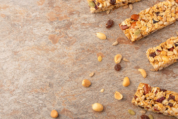 granola bars with nuts with space for design, horizontal photo, diet, proper nutrition