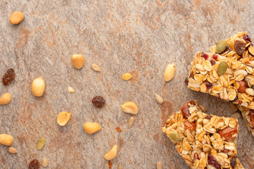 granola bars with nuts with space for design, horizontal photo, diet, proper nutrition