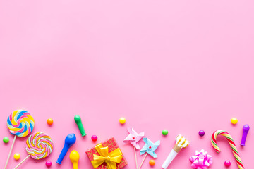 Decoration for party frame on pink background top view mockup