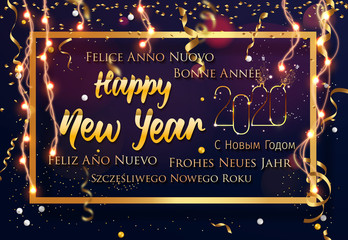 2020 New Year in Different Languages (Bonne Année, Frohes Neues Jahr, Feliz Año Nuevo, С Новым Годом, and Szczęśliwego Nowego Roku). Happy New Year greeting card. 2020 Happy New Year background.