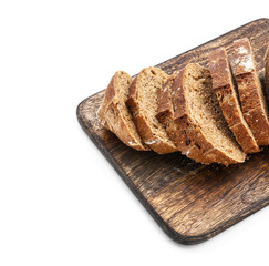 Wooden board with tasty cut bread on white background