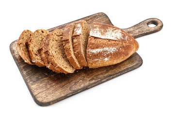 Wooden board with tasty cut bread on white background