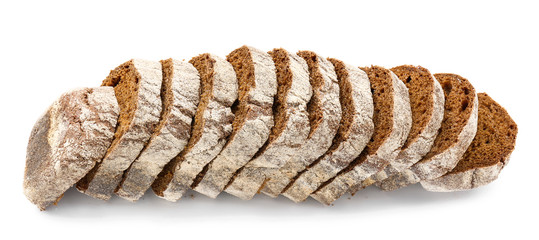 Tasty cut bread on white background