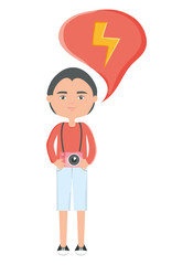 happy young boy with camera photographic and speech bubble