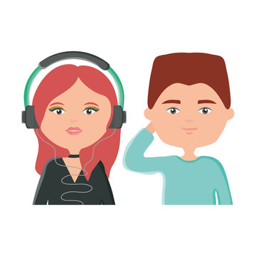 young couple listening music with earphones