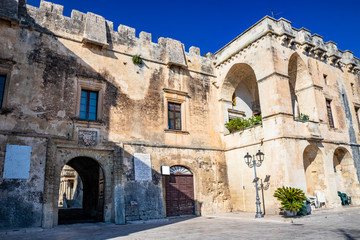 Fototapeta na wymiar August 22, 2019 - Cavallino, Lecce, Puglia, Salento, Italy - The castle, or ducal palace, of the Castromediano Lymburgh, with battlements and bastion. Presents architectural elements in Baroque style.