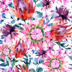 Tropical watercolor protea flowers seamless pattern. Exotic pink bouquet, eucalyptus, twigs and leaves