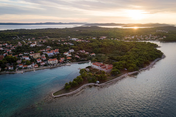 Aerial view of St. Jerolim monastery at Ugljan village during sunset, Croatia
