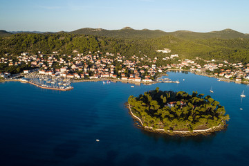 Aerial view of Galevac islet and Preko town, Ugljan island, Croatia