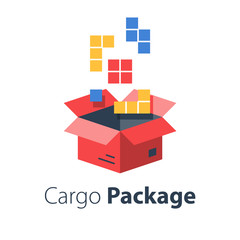Fototapeta premium Logistics services, assemble parcel, multiple shop order, pack large set of items in box