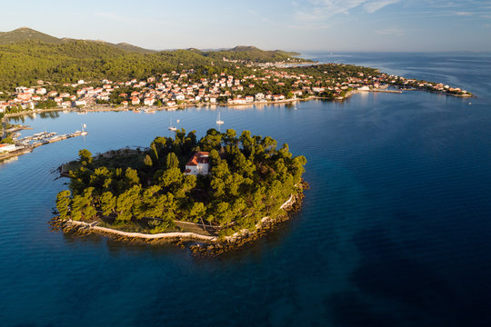 Aerial view of Galevac islet and Preko town, Ugljan island, Croatia