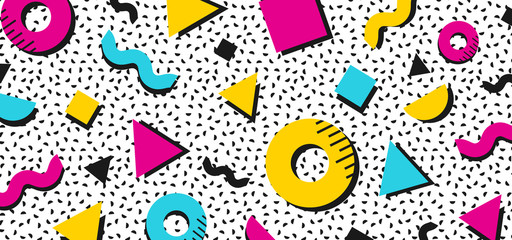 Background in the style of the 80s with multicolored geometric shapes. Illustration for hipsters Memphis style