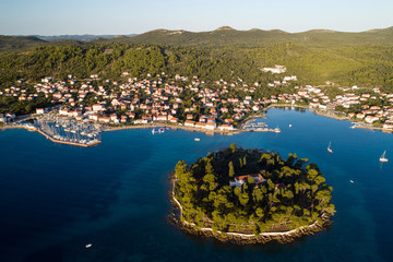 Aerial view of Galevac islet and Preko town, Ugljan island, Croatia