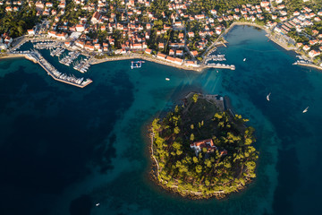 Aerial view of Galevac islet and Preko town, Ugljan island, Croatia
