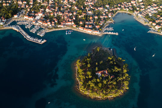 Aerial view of Galevac islet and Preko town, Ugljan island, Croatia