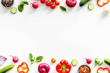Cook frame with fresh vegetables on white background top view space for text