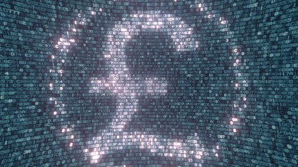 Glowing British Pound Sterling sign made with computer symbols. Fintech related loopable 3D animation