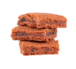 Homemade chocolate brownies dessert, isolated on white background. Slices of brownie, cookies, biscuit.
