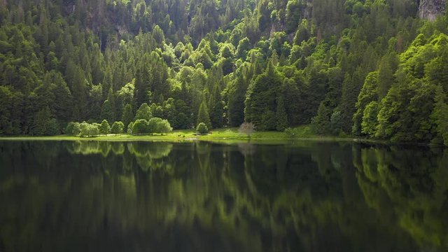 Aerial on mountain lake and green forest trees. Forest reflection in the water. Beautiful aerial landscape with lake and forest.Drone shot over a beautiful mountain forest lake.Magical atmosphere