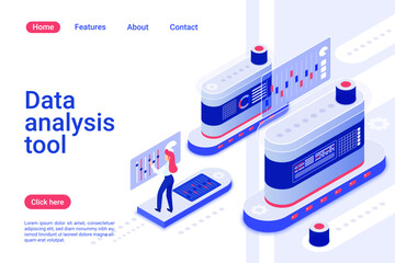 Data analytics tool isometric landing page template. Information management technology. 3d device with dashboard for statistic reports. Hi-tech digital database organizer webpage design layout