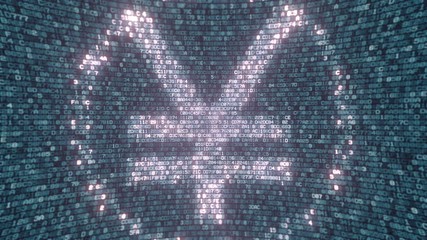 Glowing Japanese Yen sign made with computer symbols. Fintech related loopable 3D animation