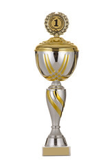 Beautiful metal , gold, silver, bronze cup for the first, second, third place on isolated background