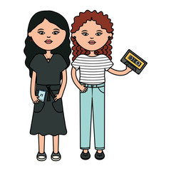 cute girls with music player and cassette characters