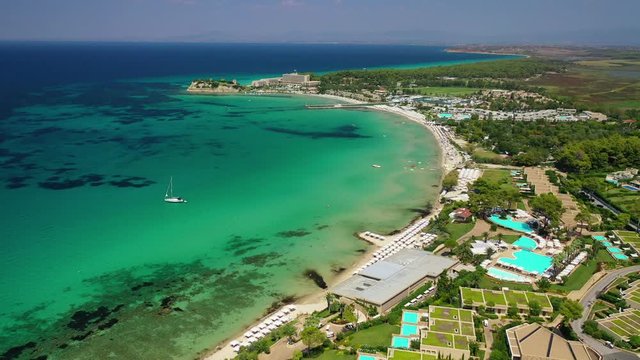 Aerial drone video from iconic village of Sani with unique nature in North Kassandra peninsula, Halkidiki, North Greece