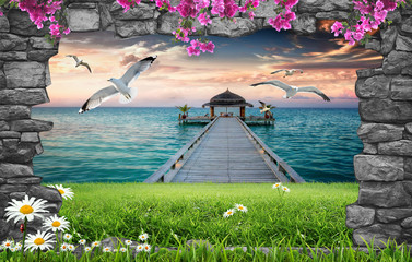 Fototapety  3d nature wallpaper and stone arch waterfall