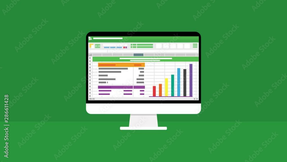 Poster open financial accounting on computer screen. arrow cursor clicking on spreadsheet icon. database an