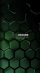 Vertical hexagon background. Gradient color light pattern with dark background technology style. Honeycomb. Vector illustration of light.
