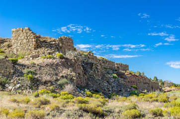 Fototapeta na wymiar USA, Nevada, White Pine County, White Pine Range, Hamilton Mining District, Eberhardt. The ruins of the large stone Stanford Mill in Applegarth Canyon at Eberhardt Mine that was abandoned in 1885.