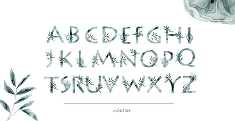 Watercolor elegant and modern font with floral. Letters Alphabet with branch leaves and flowers. Isolated alphabetic fonts and numbers on white background. Floral wedding font typeset illustration.