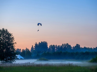 Layers of fog soar in still air over a meadow