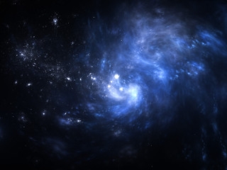 Vast interstellar deep space, starfield, stars and space dust scattered throughout the universe. Cosmic artwork. Distant swirling galaxies, glowing nebula cloud, astral artwork.