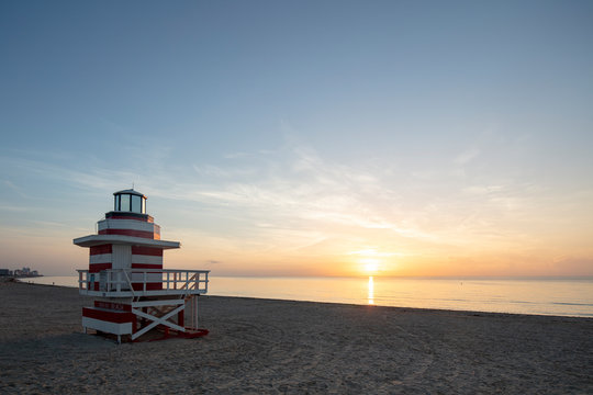 Sunrise Over A Lifeguard Stand On Miami Beach